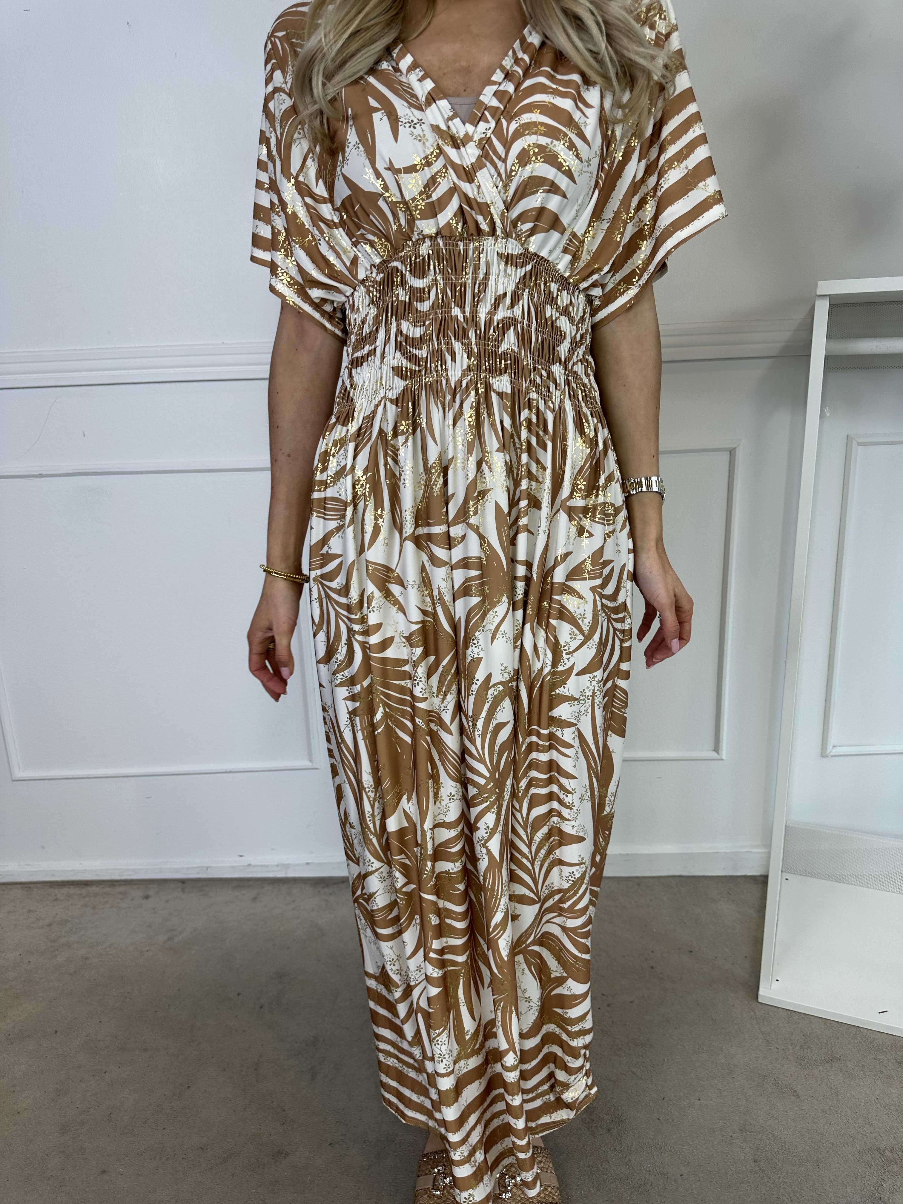 Pams Palm - Lang elastisk kjole med palmeblade og smock i livet